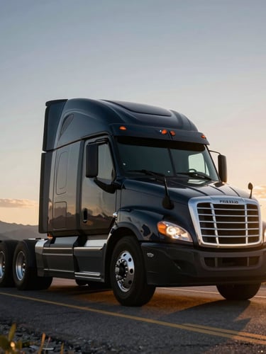 Low-angle heroic shot of a black Freightliner Cascadia truck with silver accents driving on an open Wyoming highway at sunset, cinematic golden hour lighting, mountains in the distance, 35mm lens