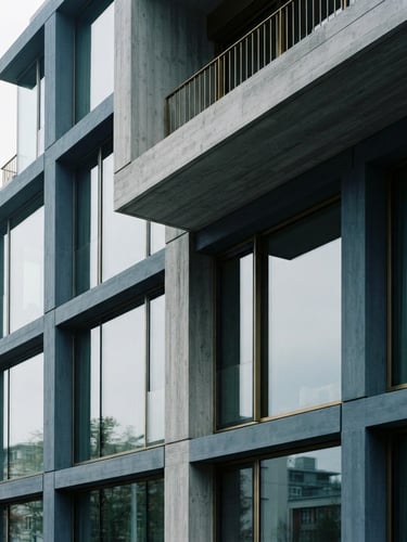 Architectural detail of a modern minimalist concrete and glass facade, sharp geometric lines, soft overcast daylight, editorial photography