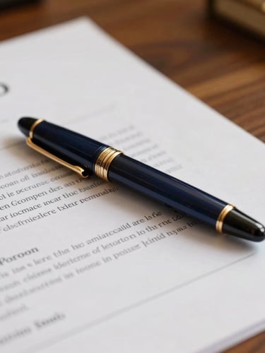 Close-up of a luxury fountain pen resting on a detailed legal contract, elegant wooden table, warm ambient lighting, shallow depth of field