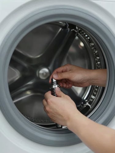 Close-up of a professional technician's hands calibrating the drum suspension of a modern front-load washing machine, bright clean workshop lighting