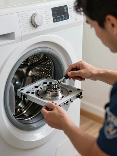 Técnico uniformado con herramientas de precisión revisando el panel trasero de una lavadora en un hogar iluminado