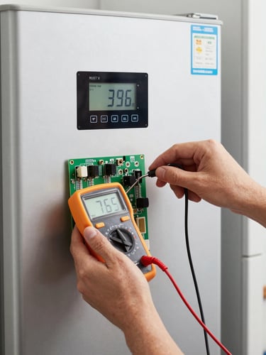 Close-up of hands testing a modern refrigerator digital control board with a digital multimeter, clean workshop lighting, technical precision.