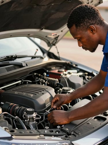 A professional Nigerian mechanic in clean overalls inspecting a car engine bay under bright natural sunlight, close-up shot, crisp details