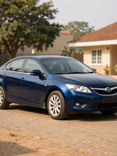 A clean navy blue sedan parked on a sunny paved lot in Ado Ekiti, bright natural Nigerian sunlight, eye-level three-quarter view, 35mm lens