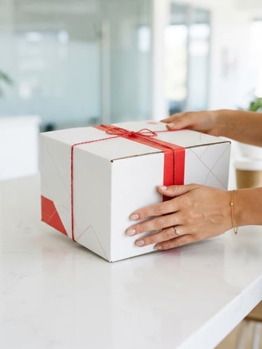 bright high-key commercial photography, crisp daylight, close-up of hands handling a clean branded parcel on a counter, vibrant red accents, 35mm