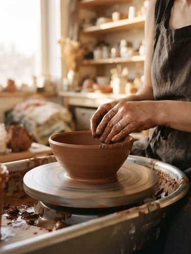 Warm editorial photography of potter hands shaping a clay bowl on the wheel, soft golden-hour window light, rich terracotta tones, shallow depth of field, 35mm