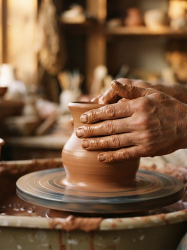 Close-up of potter hands shaping wet terracotta clay on the wheel, warm golden-hour window light casting soft shadows, shallow depth of field, 35mm