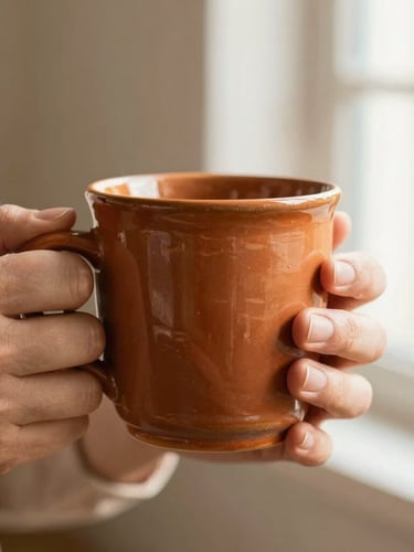 Close-up portrait of a warm terracotta ceramic mug held by two hands, showing subtle finger ridges and a rich ochre glaze texture, soft morning window light.
