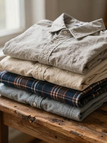 A stack of folded vintage cotton shirts and flannel garments in warm muted tones resting on a rustic wooden bench, soft morning light