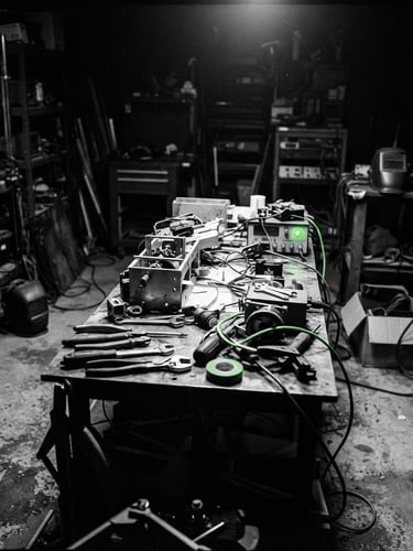 Stark editorial photograph of a raw industrial studio mockup, harsh direct flash, deep shadows, monochrome with acid green accents, 35mm