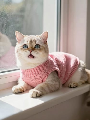A cozy domestic scene with a happy fluffy cat wearing a custom pink knitted sweater, lounging on a sunny window sill, soft natural light, warm tones.
