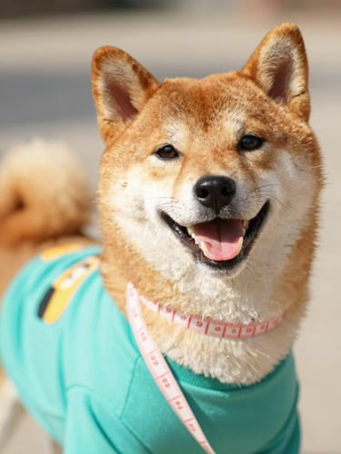 Close-up of a happy Shiba Inu wearing a colorful handmade teal shirt, a soft measuring tape draped gently around its neck, bright natural daylight, warm tones.