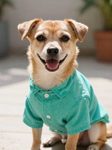 Eye-level close-up of a happy small dog wearing a vibrant teal handmade cotton shirt, sitting in bright natural daylight on a sunny patio, shallow depth of field, 35mm lens