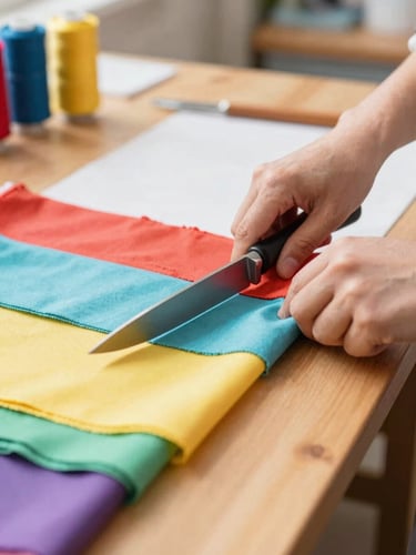 Close-up of hands cutting colorful fabrics on a wooden table in a brightly lit sewing workshop, warm natural light, shallow depth of field