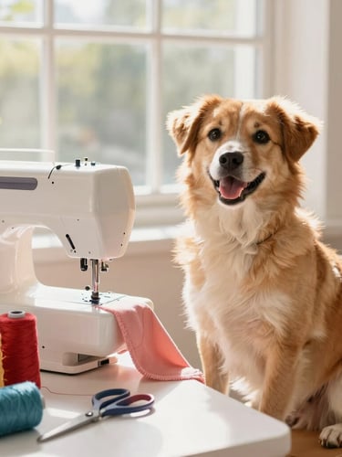 A cozy family workshop scene with colorful threads, scissors, and a dog sitting happily next to a sewing machine, warm golden sunlight streaming through a window