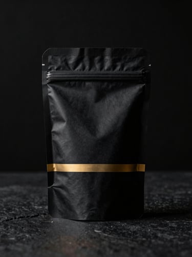Minimalist premium black coffee packaging with subtle gold accents, vacuum-sealed, on a dark stone surface, dramatic low-key lighting, side-lit.