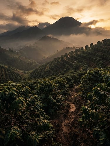 Wide-angle shot of mist-shrouded Indonesian volcanic coffee plantation at golden hour, with rows of robusta coffee trees, low horizon, dramatic lighting, rich shadows, warm golden-hour highlights.