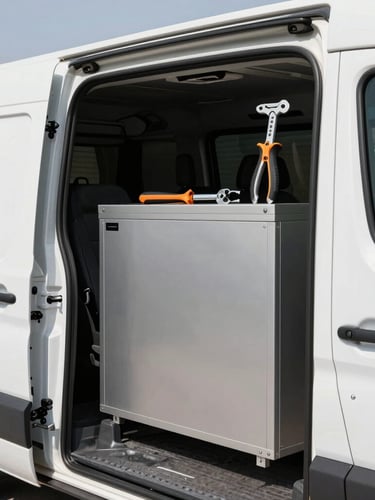 Crisp commercial photography, bright daylight, clean high-contrast tones, sharp focus on professional tools inside a modern Dubai utility van, 35mm