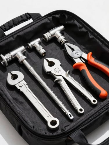 Crisp commercial photography of professional plumbing tools arranged neatly in a tool bag, bright daylight, high-contrast utility style.