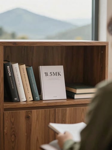 Detail of a psychologist's office, elegant wooden shelf with books, soft natural mountain light coming through a window, tranquil and professional setting