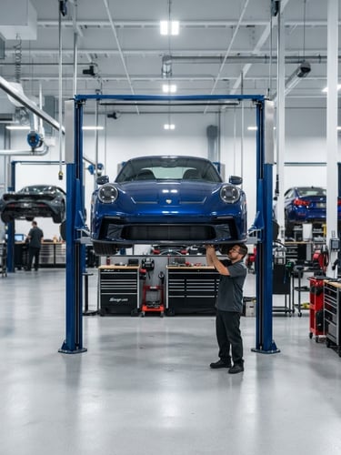Clean, organized automotive shop floor with high-performance vehicles on lifts, bright workshop lighting, metallic tones, wide perspective.