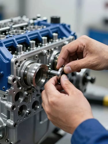 Mechanic's hands meticulously adjusting a high-performance engine component, bright workshop lighting, shallow depth of field, focused on the detail.