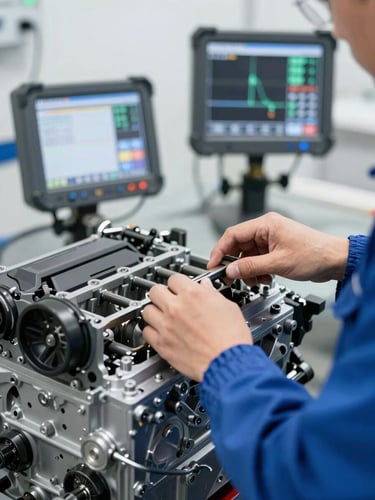 Mechanic's hands making precise adjustments to a high-performance engine, specialized diagnostic tools visible, bright workshop lighting, shallow depth of field.