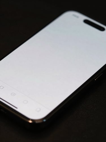 Extreme close-up of a sleek mobile screen displaying a minimalist digital interface, resting on high-end stationery, sharp contrast.