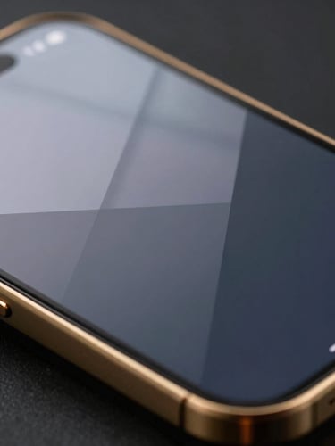 Extreme close-up of a premium mobile interface displaying a sleek digital business card with gold accents, crisp architectural shadows, studio lighting.