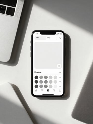 An overhead flat-lay of a curated workspace, minimalist stationery, a sleek mobile screen displaying a clean digital layout, crisp bright studio lighting with sharp architectural shadows.