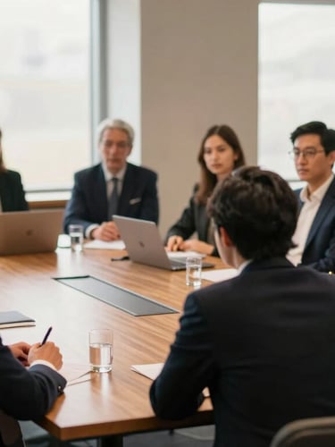 An editorial wide shot of a high-end corporate workshop, diverse professionals engaged in active discussion around a wooden table, soft natural window light, 35mm