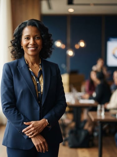A professional environmental portrait of Dr. Esther Paul standing confidently in a modern, warm-lit seminar room, soft directional window light, rich navy background, 35mm