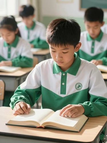 Bright editorial photography of a student in a clean green and white school uniform reading Al-Qur'an in a sunlit classroom, soft natural light, shallow depth of field