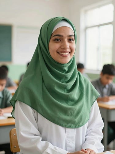 A warm, bright portrait of an Islamic teacher in a green hijab smiling warmly in a bright classroom, natural daylight, soft depth of field.