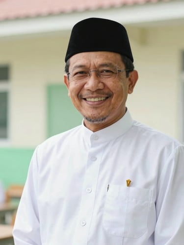 Professional portrait of Principal Makmur Hidayat Lc., M.Pd, a warm and authoritative Islamic scholar in his late 40s, wearing a neat suit and black peci, smiling warmly, bright natural daylight, soft green and cream background, shallow depth of field.