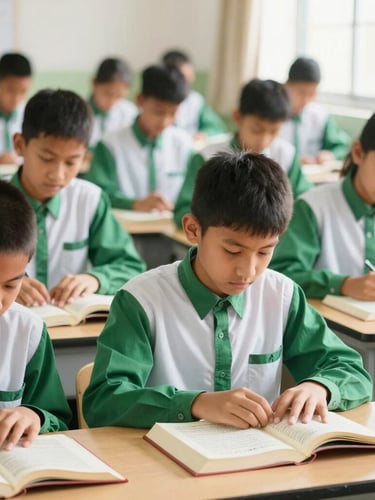 Bright editorial photography of SMP IT Al Hikmah students in green and white uniforms reading Al-Qur'an together in a sunlit classroom, warm daylight, shallow depth of field