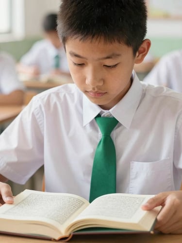 Close-up of a focused student in clean school uniform reading Al-Qur'an in a bright classroom, warm daylight, soft background