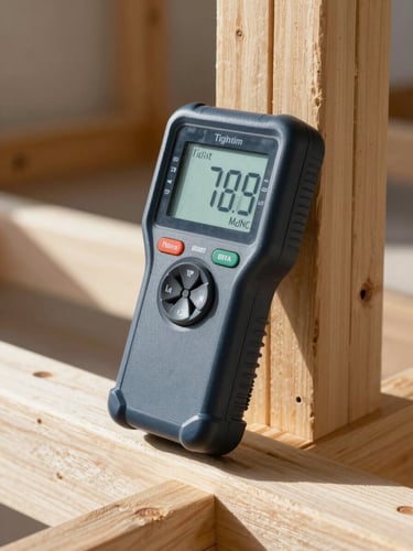 Tight geometric shot of a professional moisture detection meter with digital readout screen against clean structural wood framing, bright natural morning light, highly detailed.