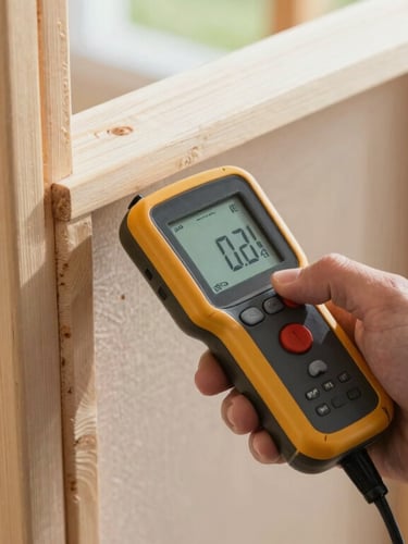 A close-up, high-angle shot of a technician using a digital moisture meter against clean residential wall framing, bright morning light, sharp focus on the digital screen.