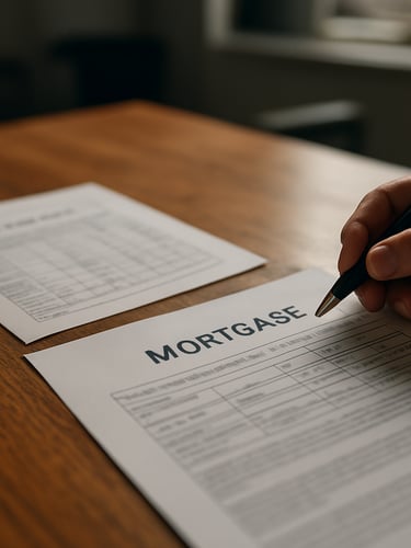 Close environmental shot of a loan rate sheet and a printed mortgage document on a wooden desk, a hand resting beside them holding a pen, natural window light casting soft shadows across the paper, office background softly out of focus, no faces visible, documentary framing