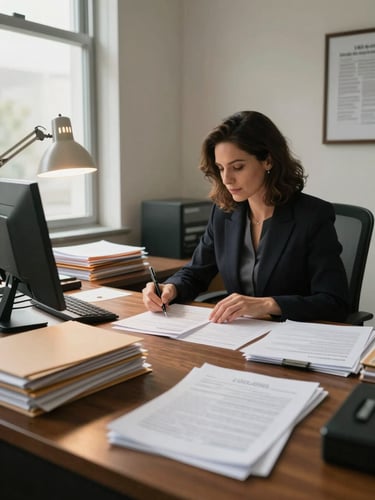 Wide environmental shot inside a mortgage officer's working office — a woman at a large desk reviewing loan documents, pen in hand, natural daylight from a window to the left, stacks of folders visible, warm tungsten desk lamp, functional work mode, no posed smile, shot from a slight angle showing the desk surface and paperwork in the foreground