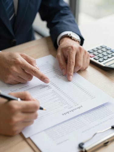 Close-up of a loan officer's hands reviewing a printed rate sheet and property appraisal on a desk, a calculator and pen to the right, daylight from a window illuminating the documents, shallow depth of field on the figures
