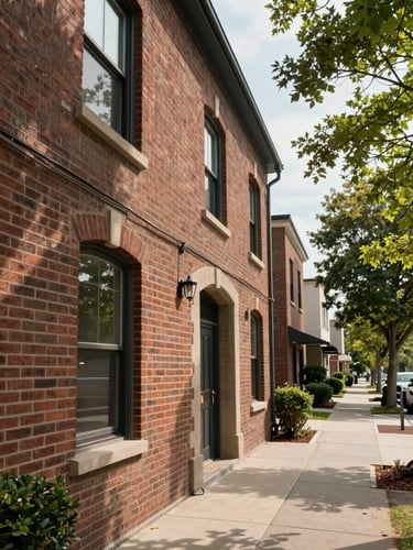 Close environmental shot of a two-story rental property facade in daylight, brick exterior and arched window details visible in the left foreground, tree-lined sidewalk receding to the right, no people, natural midday light