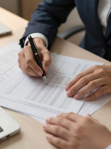 Close environmental shot of a loan officer's desk — hands reviewing a printed rate sheet with annotated numbers, a pen marking figures, warm office tungsten light from the left, papers spread naturally across the surface