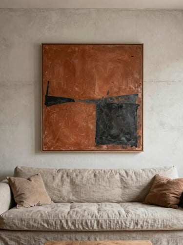 A bright, minimalist living room with raw concrete walls, a large textured terracotta and charcoal abstract painting hanging above a low linen sofa, natural side-lighting