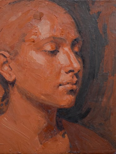 Warm editorial photography of a striking modern Indian oil painting with thick, textured terracotta and charcoal brushstrokes, natural side-lighting, rich earthy tones, medium format film, shallow depth of field