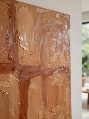 Close-up of a large abstract canvas with heavy impasto brushstrokes in ochre and terracotta, hanging in a sunlit modern apartment overlooking green foliage, shallow depth of field
