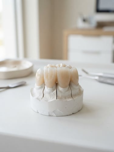 Macro shot of a high-precision ceramic dental crown model, clean clinical lighting, soft neutral background, shallow depth of field