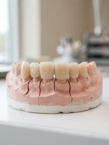 Macro clinical photograph of a custom-milled zirconia dental bridge on a precise physical model, bright natural window light, soft neutral background, shallow depth of field