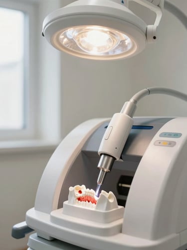 A state-of-the-art dental milling machine carving a zirconia bridge under precise water jets, bright clean clinical lighting, macro shot